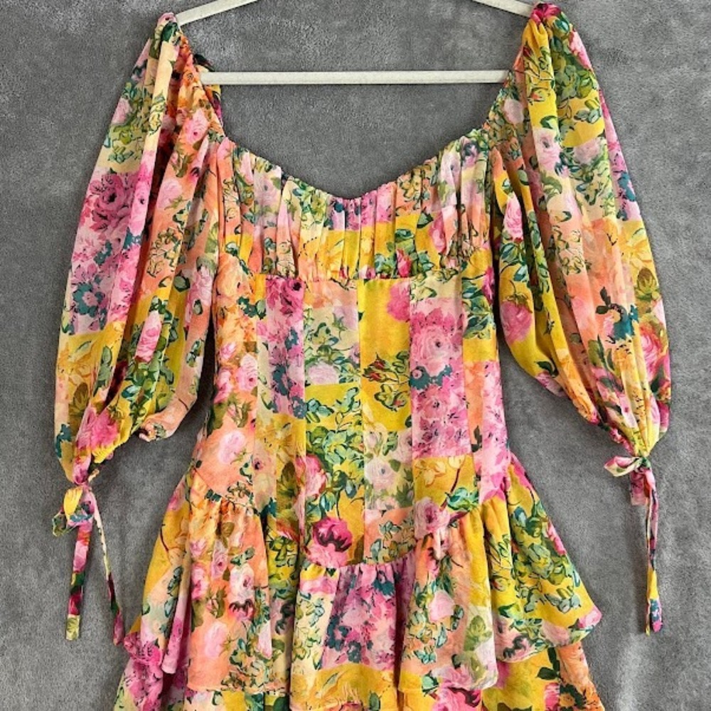 For Love and Lemons Nina Mini Dress Womens S Floral Puff Sleeve Ruffle Coquette - Picture 2 of 12
